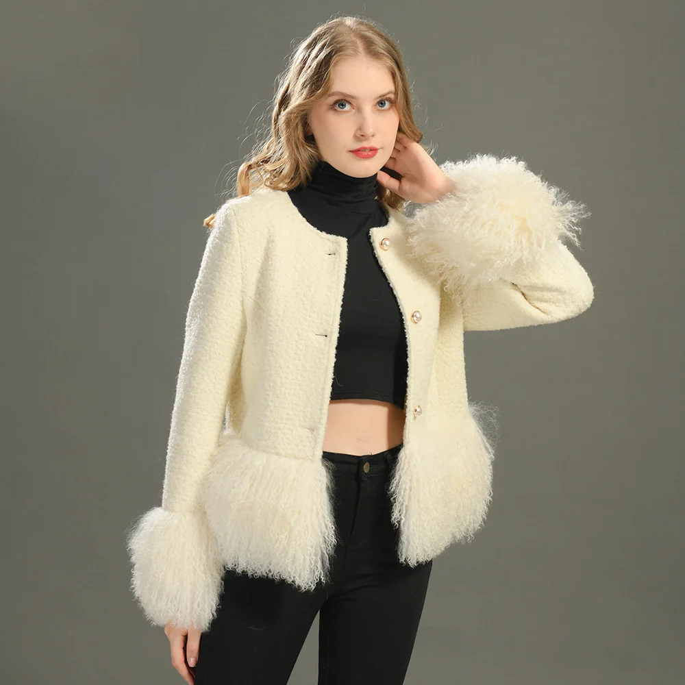 Jaxmonoy Women's Wool Coat with Real Mongolian Sheep Fur Winter New Style Ladis Elegance Short Tweed Jacket Pearl Button Female
