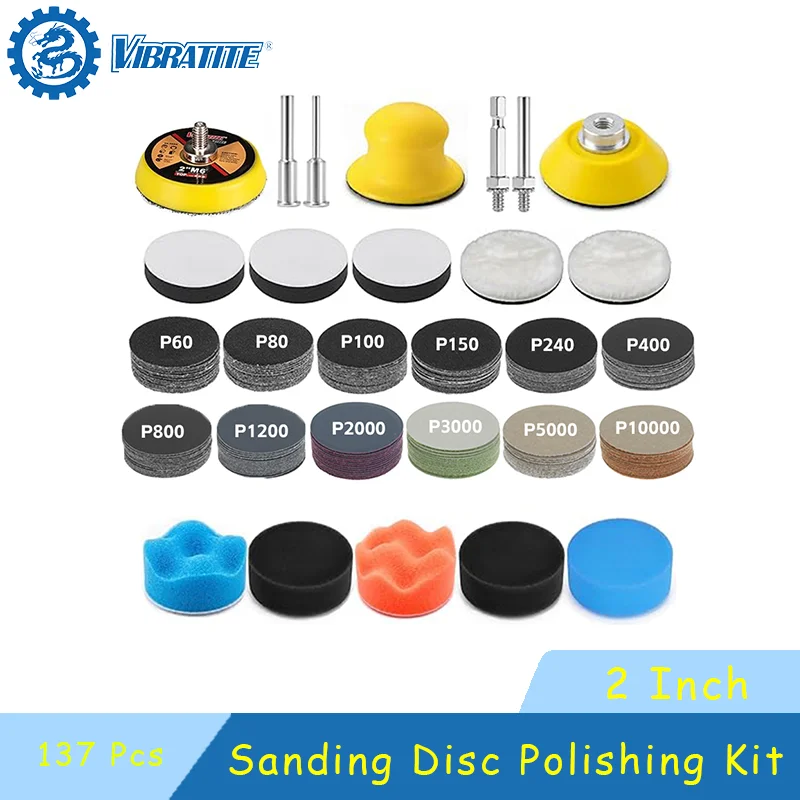 Hook and Loop Polishing Kit 2 Inch 137 Pcs Assorted 60-10000 Grits with Sponge Wool Polishing Pad Backing Plate for Polishing