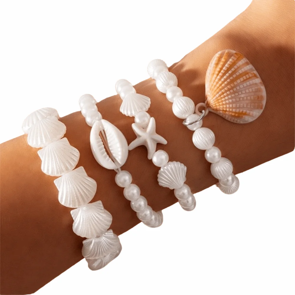 4Pcs/Set Multilayer Shell Pendant Bracelets Imitation Pearl Bohemian Conch Beaded Bangles Starfish Wrap Charm Hand Chain Jewelry