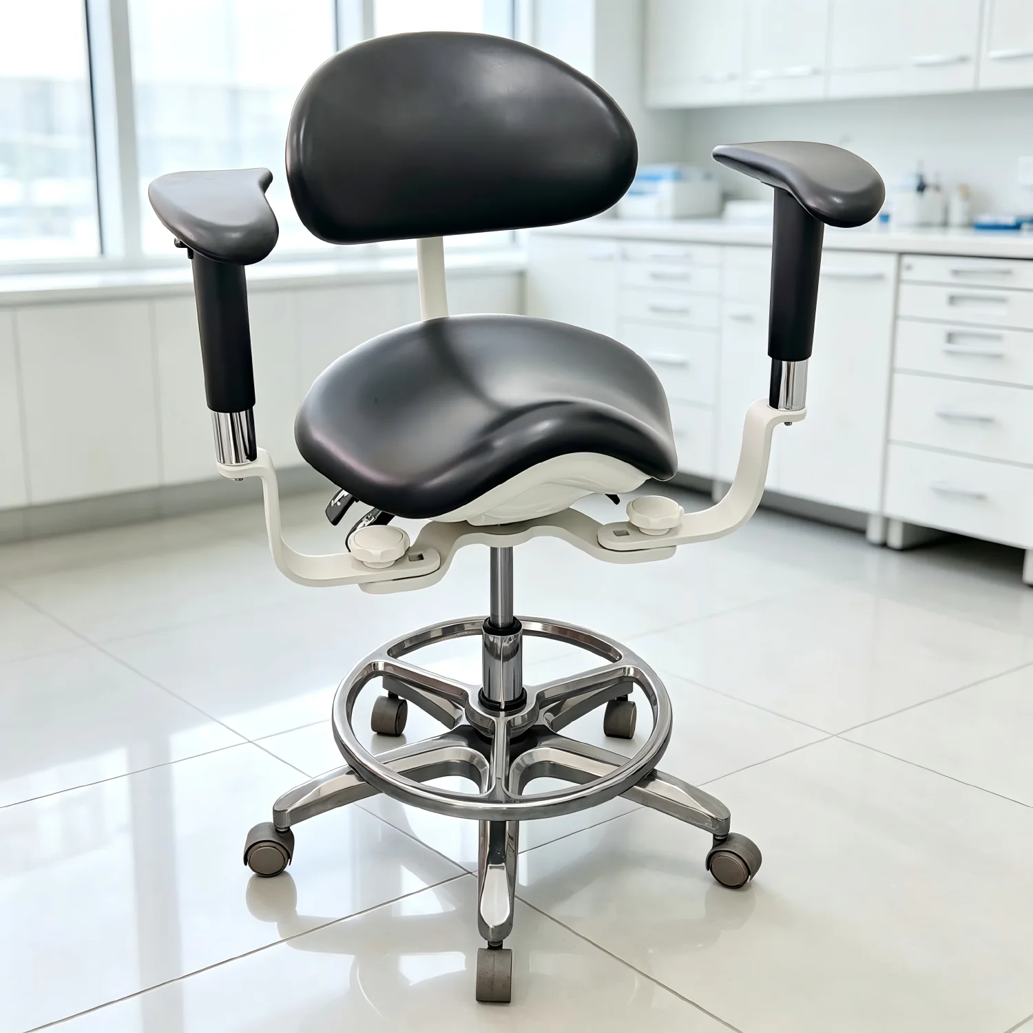 Saddle Chair Ergonomic with Dual Armrest, Height Adjustable Dentist Stool for Medical Dental Clinic
