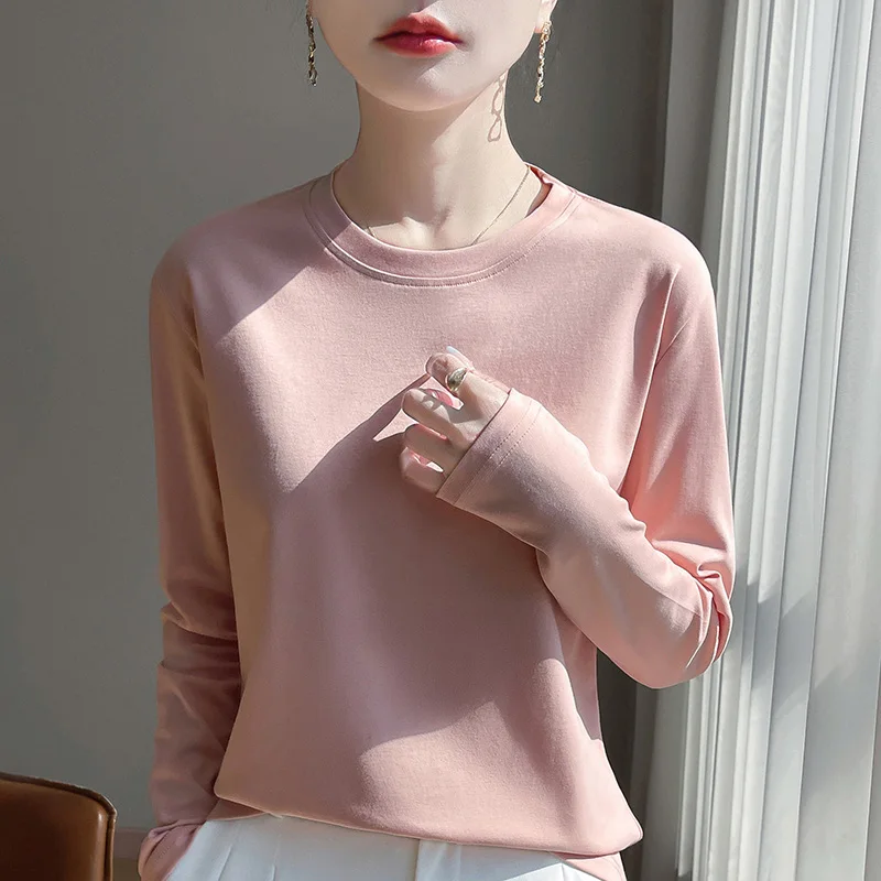 

Spring And Summer Mercerized Cotton Long-Sleeved Round Neck T-shirt Women's Loose Bottoming Sweater Soft Breathable Cotton Top