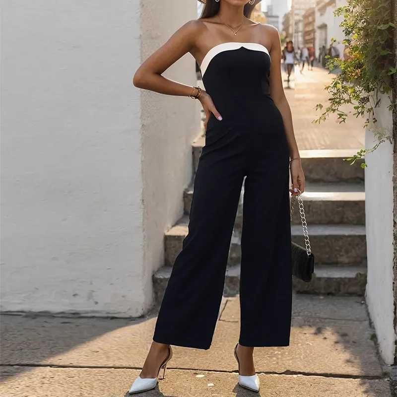 Elegant Strapless Sexy Jumpsuits Women Sleeveless Black White Patchwork Trousers Wide Leg Tanks Rompers Offical Leotard Overal