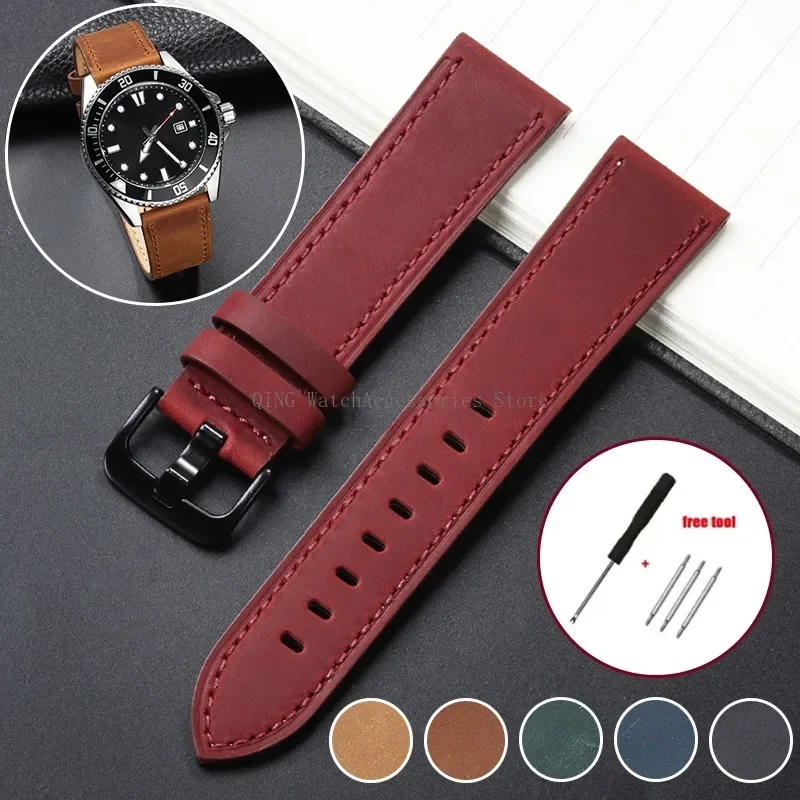 레트로 소가죽 시계 밴드, 유니버설 빈티지, 크레이지 호스, 프로스트 스트랩, 비즈니스 팔찌, 18mm, 20mm, 22mm, 24mm