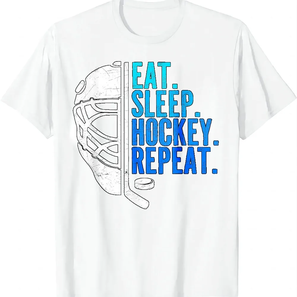 Eat Sleep Hockey Repeat Funny Boys Hockey Player T-Shirt Individuality Men and Women Short Sleeves Summer Tops