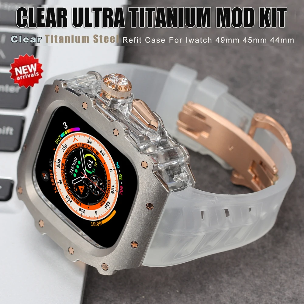 Titanium Modification Kit For Apple Watch Band Ultra 2 49mm 44mm 45mm Metal Case For Iwatch Series 9 8 7 6 5 4  Rubber Strap