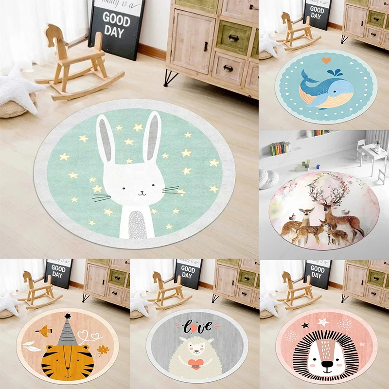 Niedlicher runder Teppich mit Tiermuster und Hase, Löwe, Tiger, Wal, Schaf, Designs, Bodenmatte für Kinderzimmerdekoration, die einen verspielten Charme hinzufügen