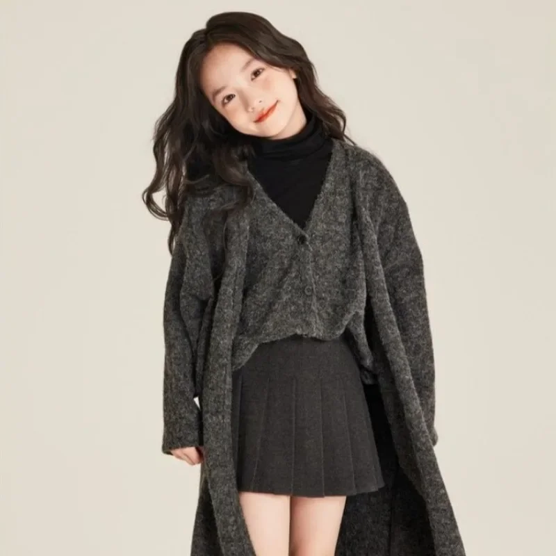 Girl's Oversized Knit Cardigan Vest Mid Length Sweater 2025 Autumn Winter New Tween Girls Versatile Loungewear 4