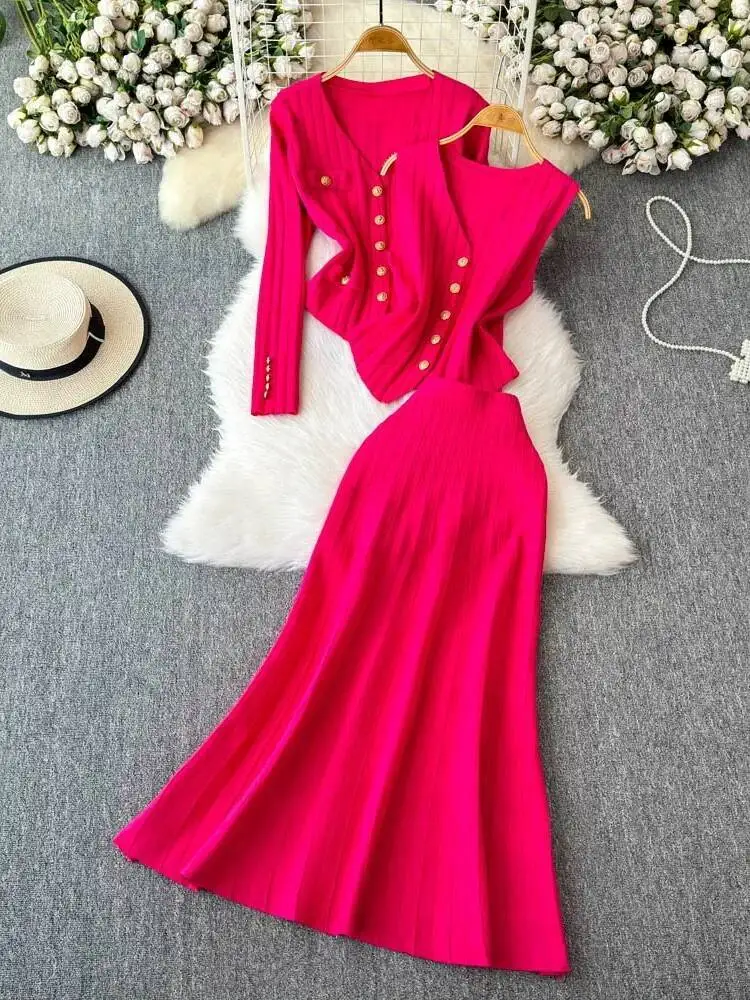 

Autumn Winter Elegant Three Piece Sets Women Knitted Sweater Sleeveless Vest Cardigan Jacket High Waisted Long Skirt Suits
