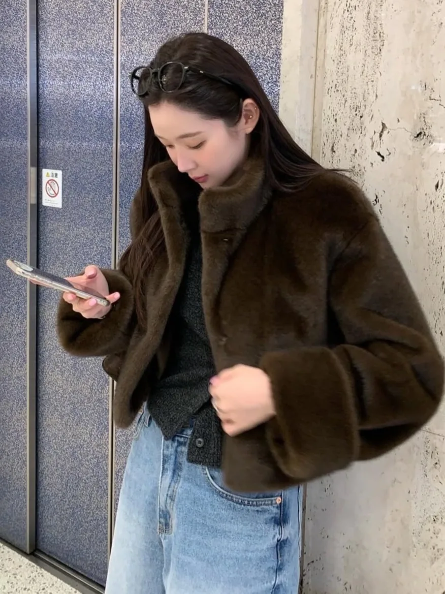 시크한 여성 코트 럭셔리 따뜻한 인조 모피 아우터웨어 한국 스타일 루즈핏 겨울 패션 개성