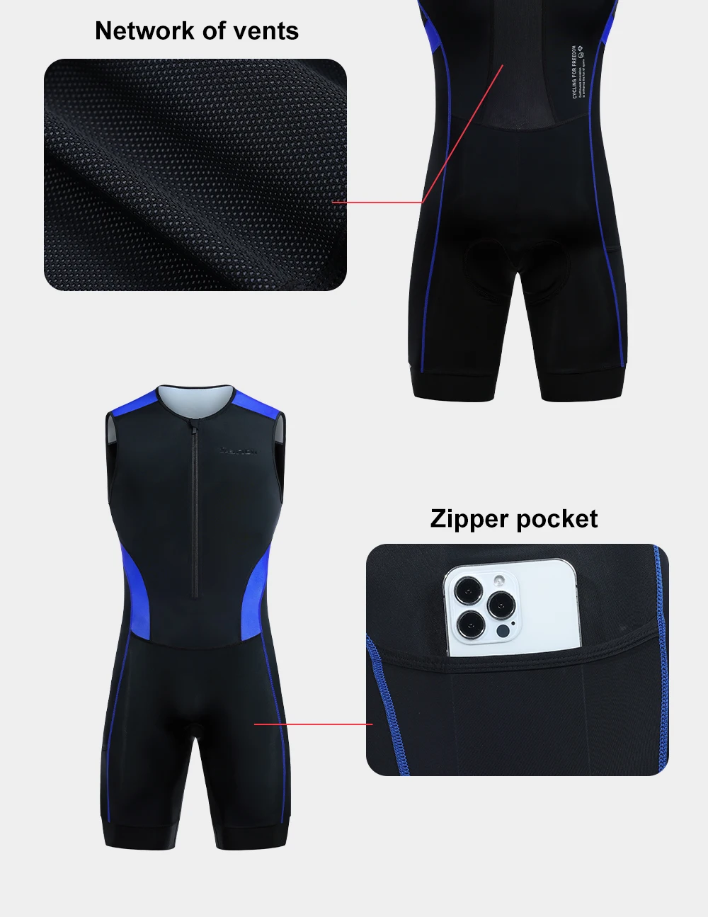 Santic Herren-Triathlon-Radanzüge, ärmellos, mit Schwamm gepolstert, schnell trocknend, zum Laufen, Schwimmen, Triathlon KM25C03028 – Detail 5