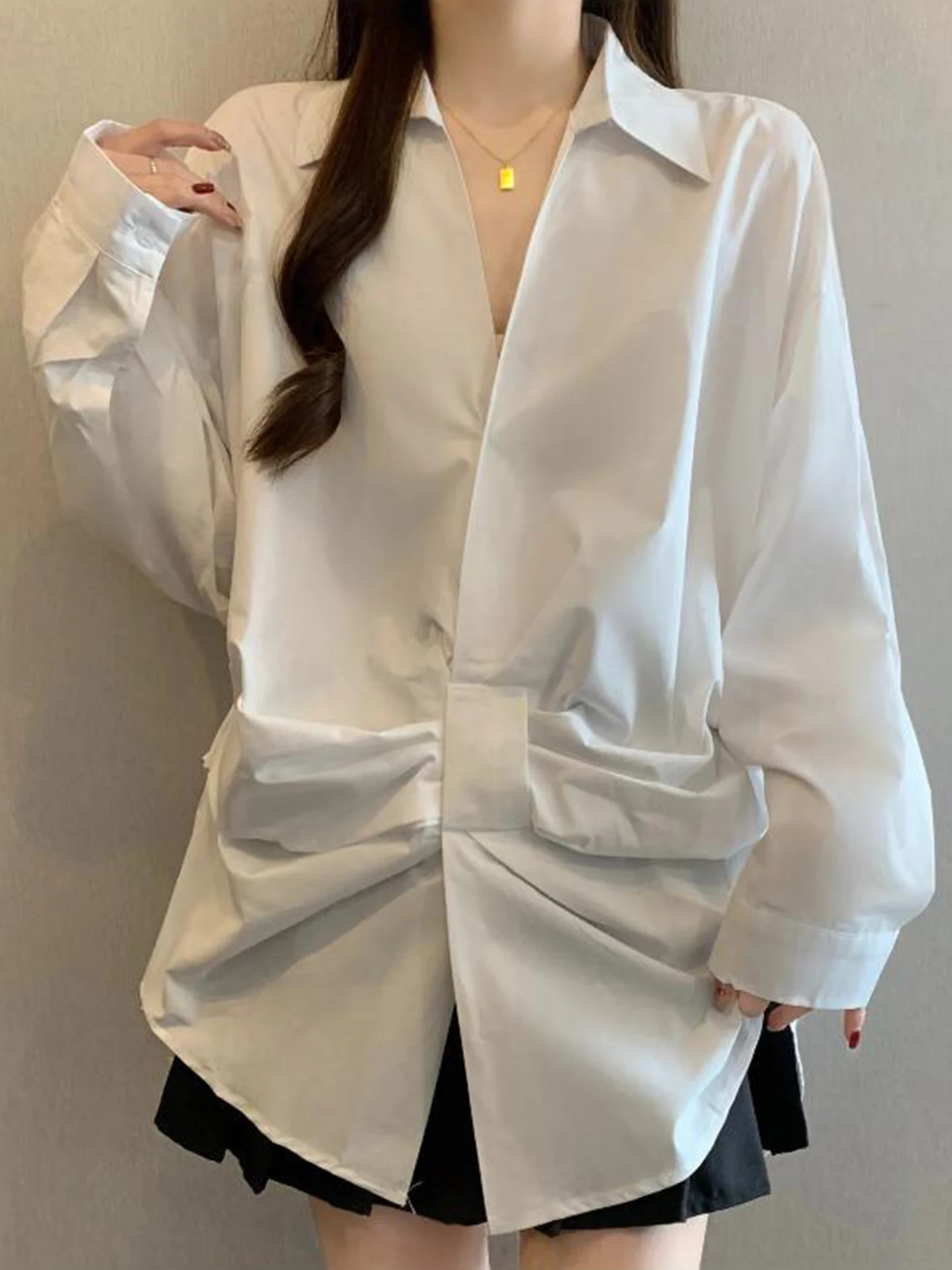 

Design Sensation White Long Sve Women's irt Spring Season plus Size Loose Slimming Asymmetrical Mid-Length Top