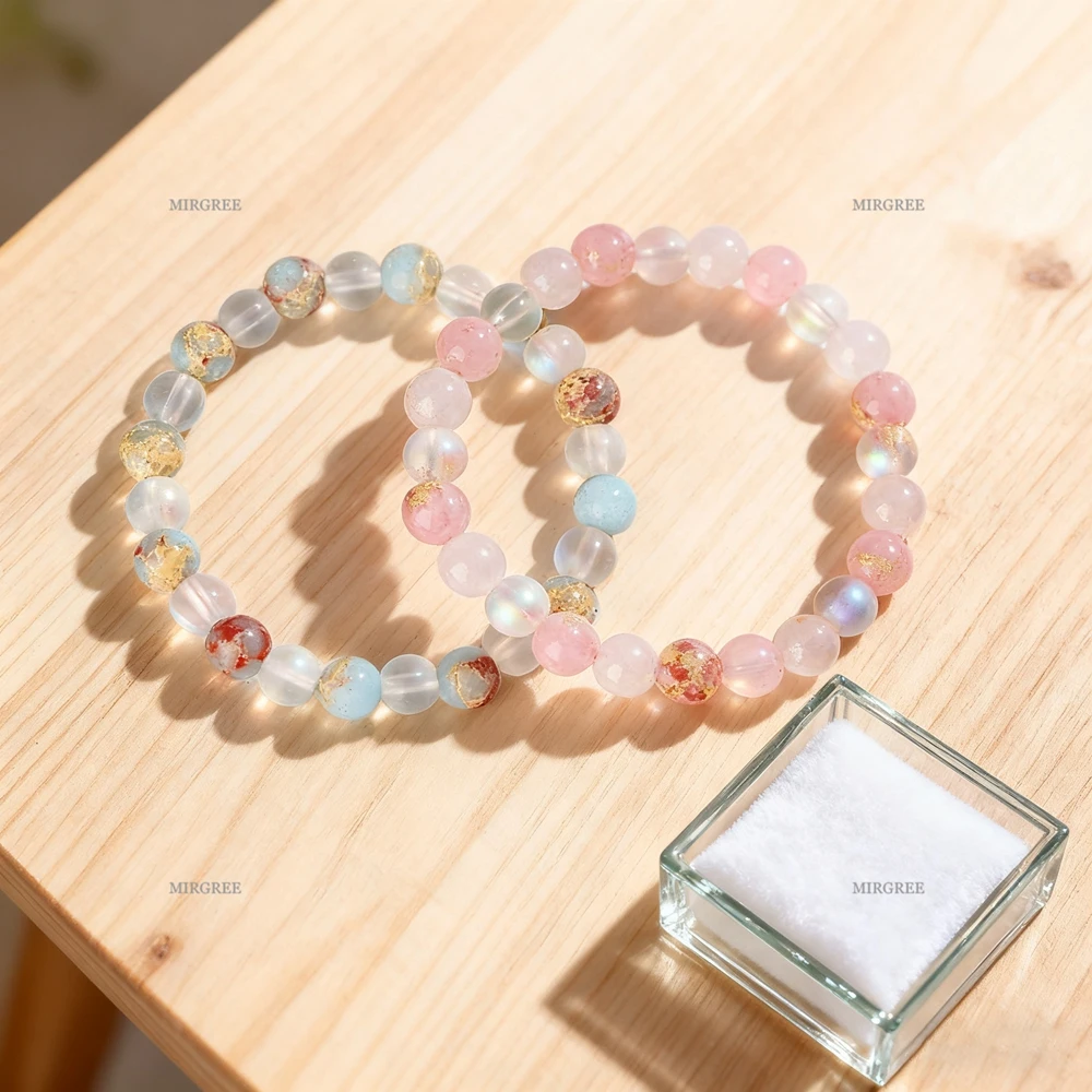2-teiliges elastisches Perlenarmband-Set für Damen, einzigartiges gemischtes farbiges Kristallglasperlen-Design, ideales Geburtstags-/Jahrestagsgeschenk