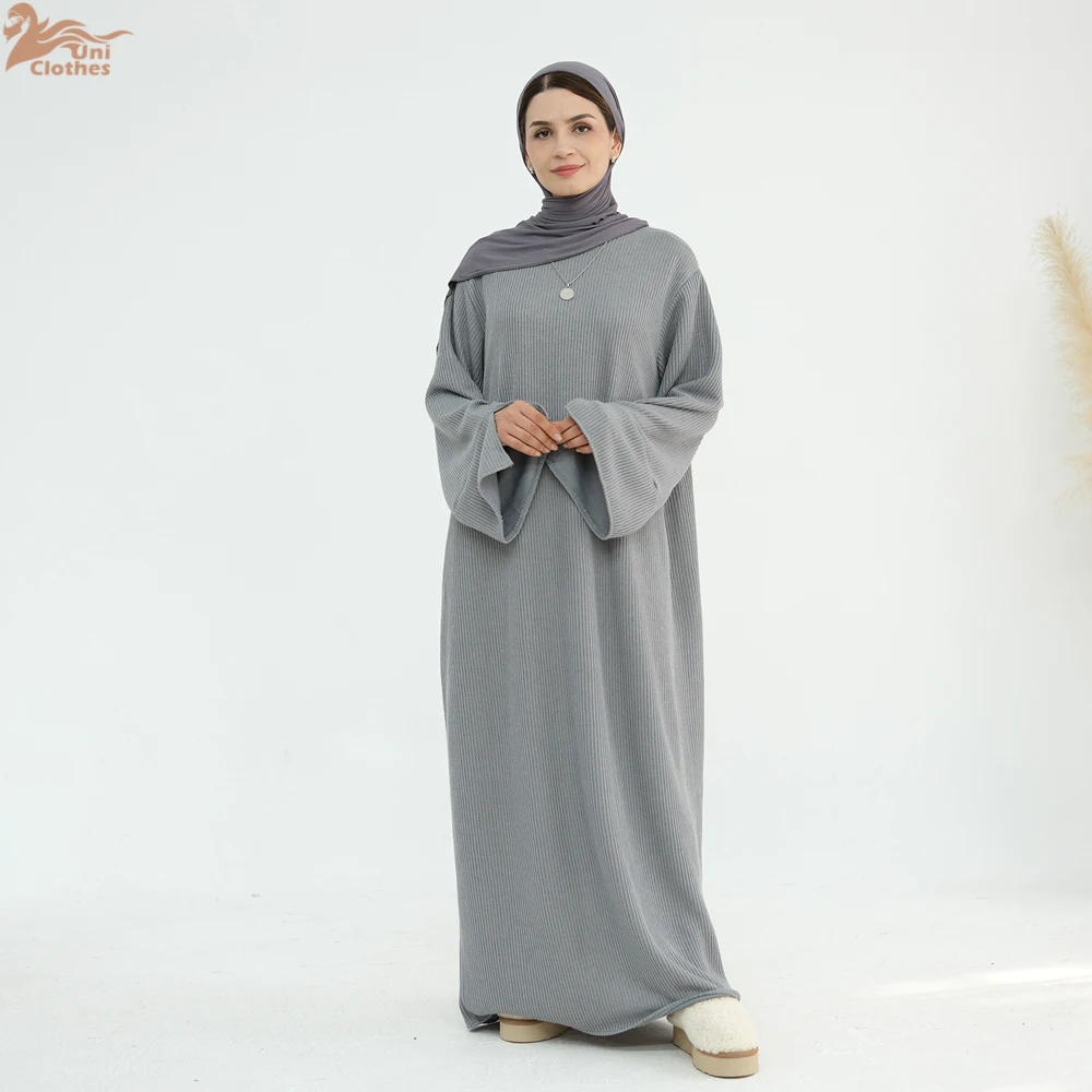 Ramadan Dubai Plain Abaya Dress 2024 Middle East Muslim Women Warm Loose Modest Knitting Clothing Islamic Turkey Solid Robe