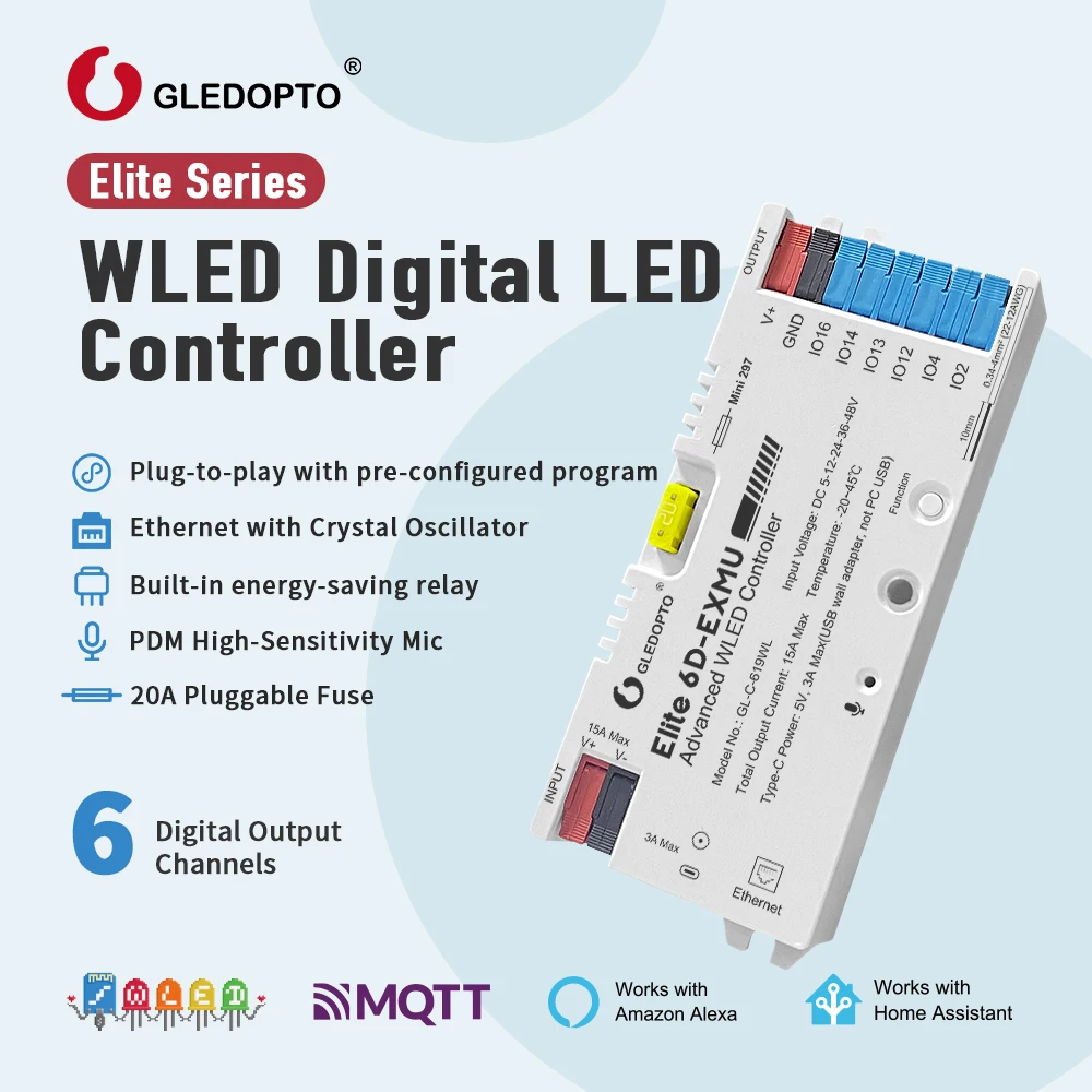 GLEDOPTO Elite 6D-EXMU WLED Controller DC5-48V Eth+WiFi PDM Mic Relay für WS2811/2812B/2815/SK6812 Dig.Addr.RGB IC Strip