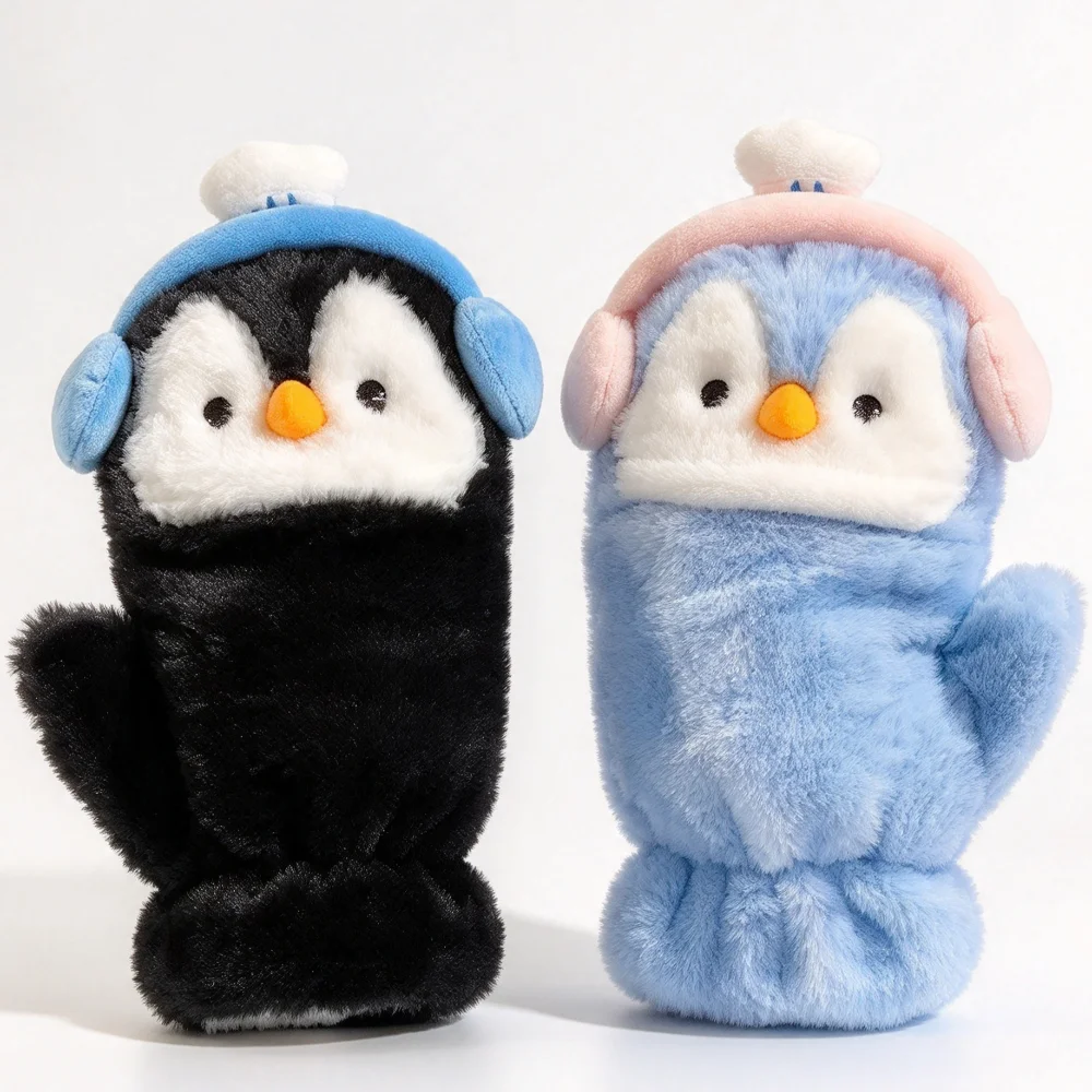 Cartoon Penguin Plush Flip Mittens Thick Faux Fur Touchscreen Warm Winter Gloves For Girls Teens Outdoor Daily Gift