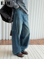 [EAM] High Waist Blue Denim Long Shaped Thick Casual Wide Leg Jeans New Women Trousers Fashion Tide Autumn Winter 2024 1DH7961