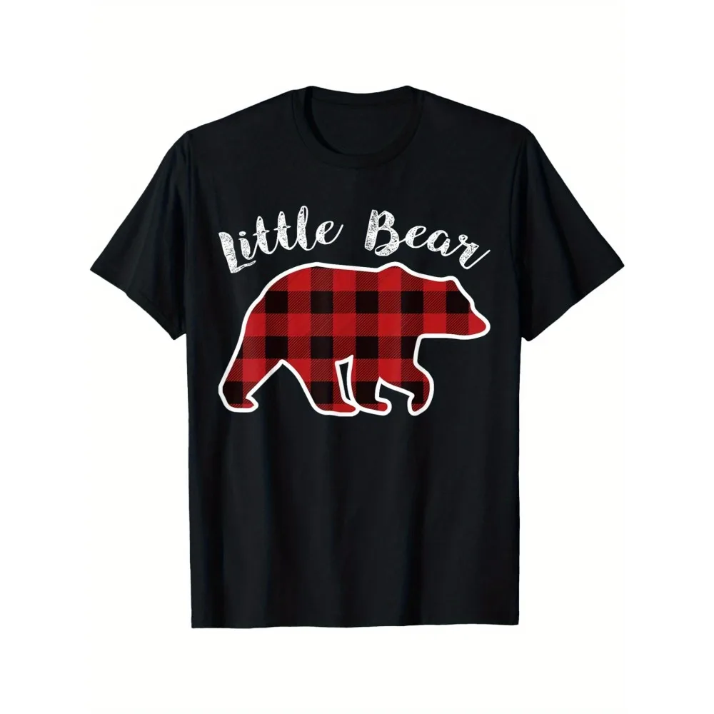 Camiseta con estampado navideño a cuadros rojos de LITTLE BEAR - Camiseta negra informal de corte holgado con silueta de oso y texto, lavable a máquina