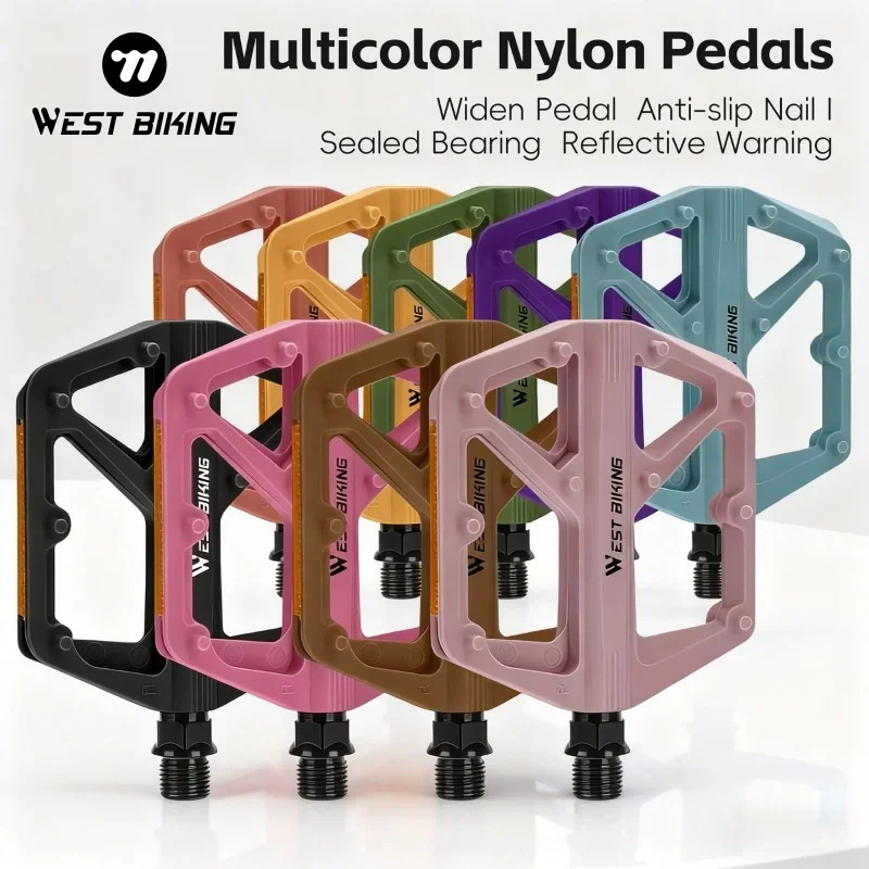 WEST BIKING Nylon-Fahrradpedale Rutschfest mit Kugellager Reflektierende Warnleuchten 14mm Chromoly-Stahl-Achse MTB Rennrad-Pedale