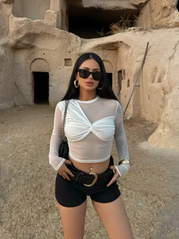 تي شيرت نسائي قصير شبكي موضة 2026 مثير شفاف بياقة دائرية وأكمام طويلة ملابس خروج نسائية Y2K #1