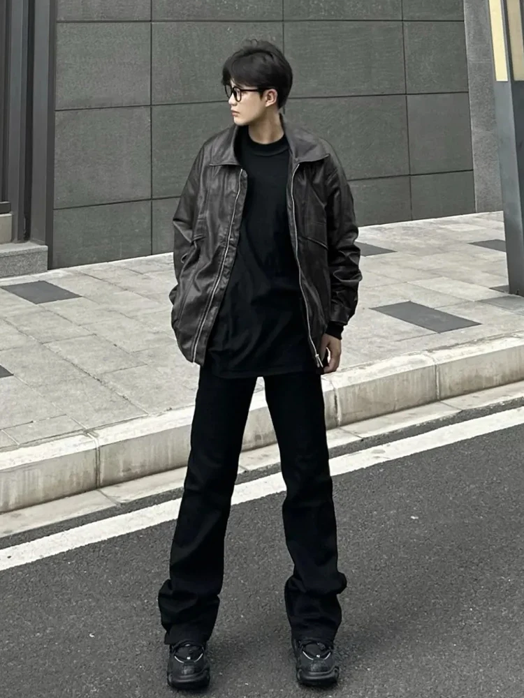 

American High Street Men's Fleece Lined Washed Vintage Slimming Distressed Denim Jeans Retro Vibe Flared Pants Straight Leg