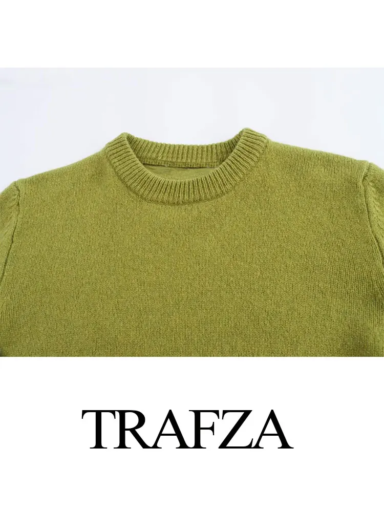 TRAFZA Women Vintage Solid Basic Sweater Long Sleeve O Neck Knitted Pullover Sweaters Loose Casual Autumn Office Lady Tops