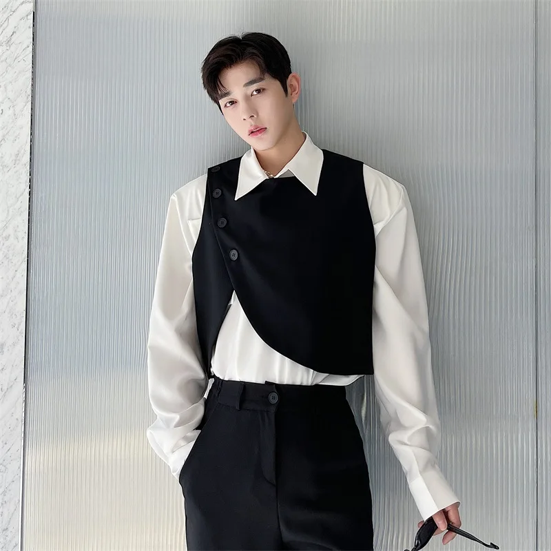 

Мужской жилет необычного дизайна, асимметричный, в корейском стиле, ретро, рабочая одежда, с круглым вырезом, в стиле Haome, для сочетания с рубашкой