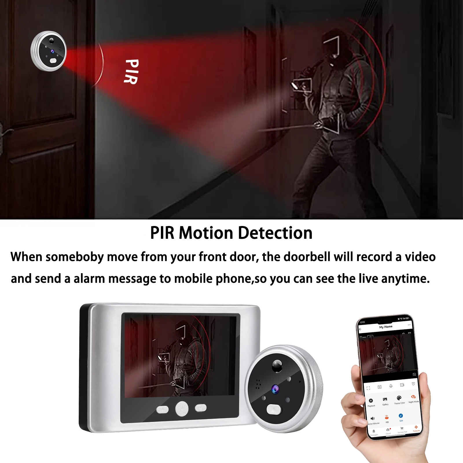 Peephole Doorbell Camera 2.8inch LCD Screen Smart Home Indoor Wireless Video Door Bell PIR Motion Detection 100° Wide Angle