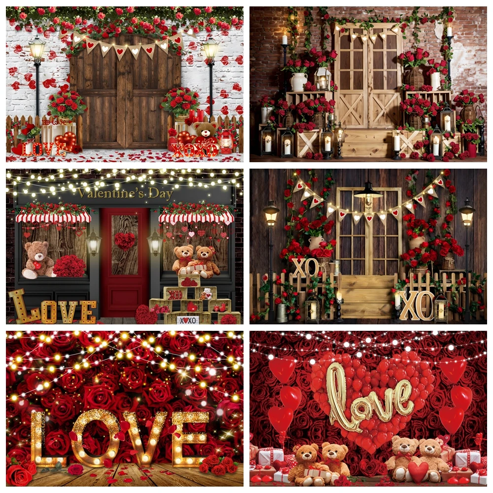 February 14th Valentine's Day Photography Backdrop Romantic Red Rose Flower Love Heart Wedding Party Decoration Photo Background