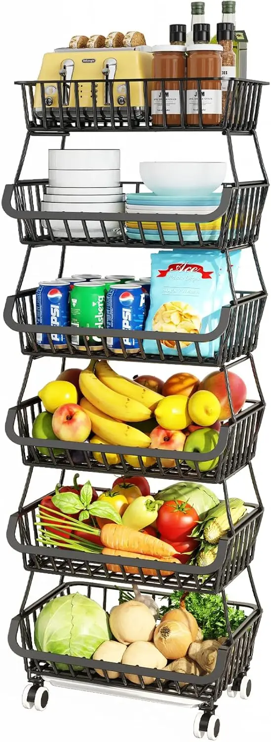 

Fruit and Vegetable Storage Cart Stackable Wire Baskets with Wheels Vegetable Produce Basket Potato