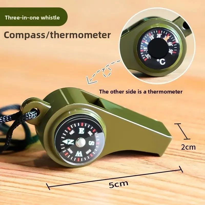 Army Green 3-in-1 Camping Hiking Emergency Survival Whistle with Compass Thermometer Outdoor Camping Tools