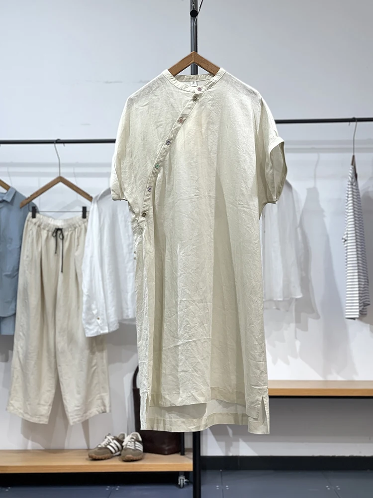 

Retro Chinese Style Artistic Summer New Diagonal Collar Light And Thin Simple Loose Linen Cotton Dress Female Solid Robes X1376