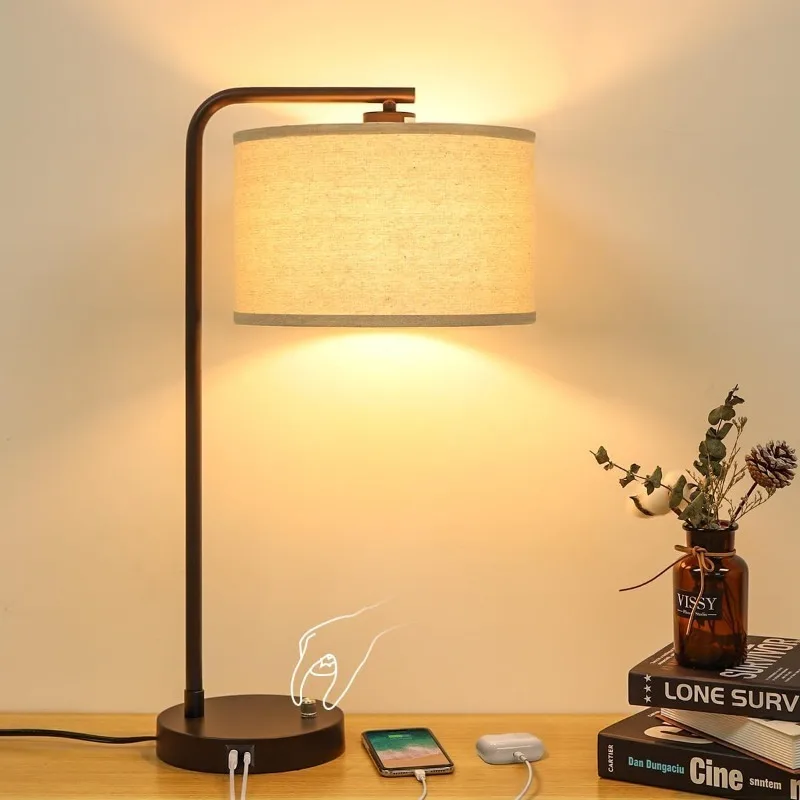 

Table Lamp with USB C+A Ports, Fully Stepless Dimmable Modern Bedside Nightstand Lamp, Tall Reading Desk Lamp for Bedroom, Livin