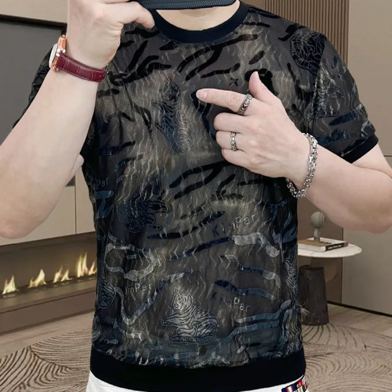New Tshirt Men Flocked Embossed Tibetan Dragon And Tiger European Short Sleeve T-shirt Camiseta Masculina Ropa De Hombre 2026