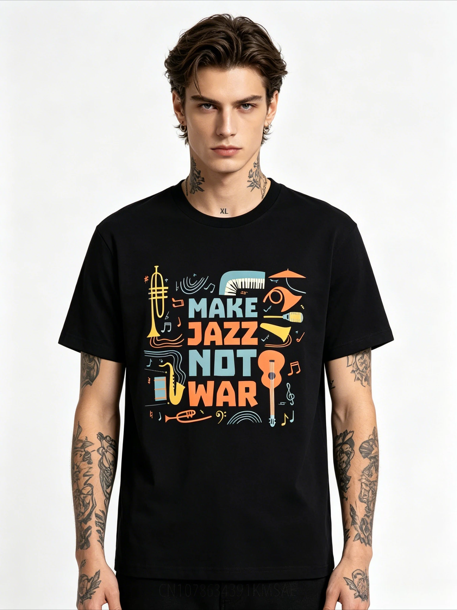 2026  Men Women Oversized T-shirt Heavyweight Cotton Crew Neck Short Sleeve Colorful Musical Note Print Casual Street Tees