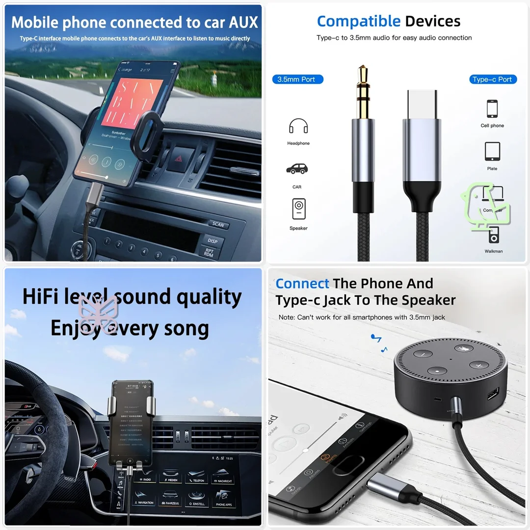 USB C to 3.5mm Aux Audio Adapter Type C Headphone Jack Cable School Playground Jogging Music Motivate Run
