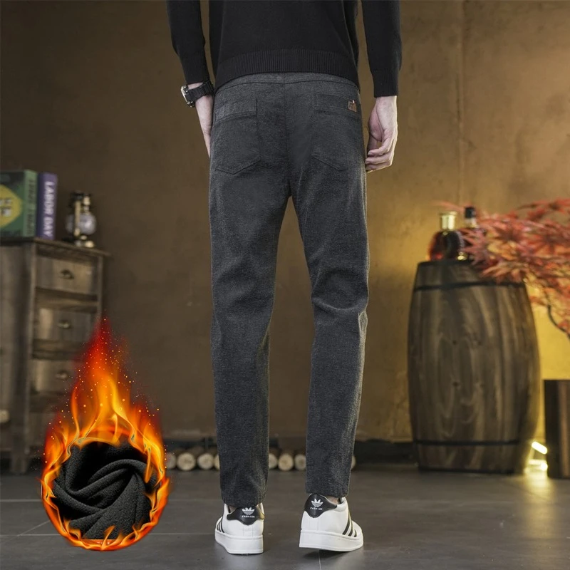 2025 inverno novas calças de lã de chenille masculinas quentes finas retas calças casuais moda versátil madura high-end calças compridas
