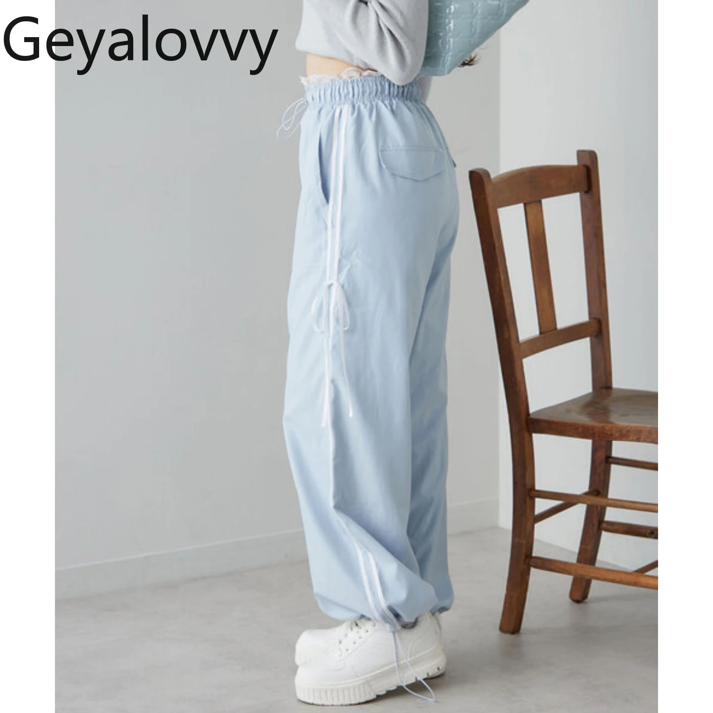 

Модные свободные длинные брюки для женщин, спортивные штаны с кружевной талией в японском стиле, весенне-осенние женские повседневные брюки