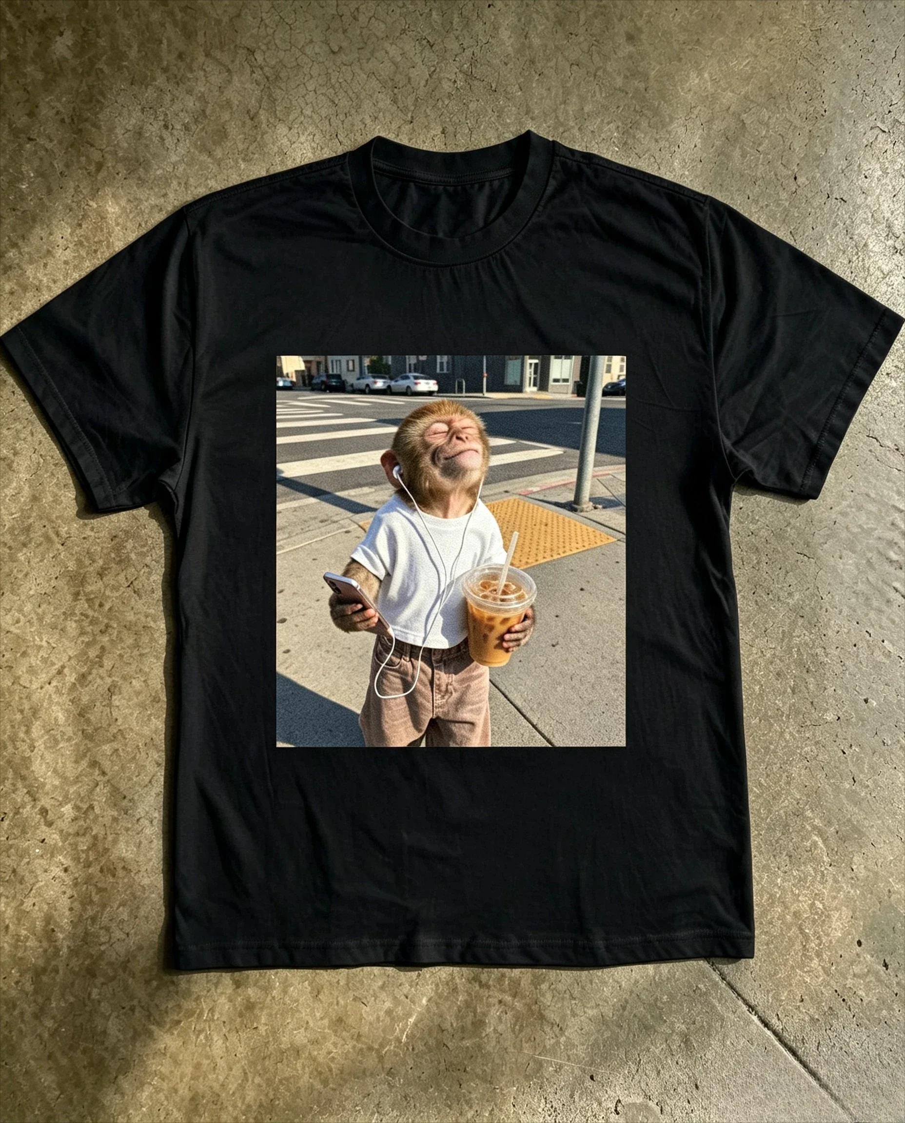 Cool Monkey With Iced Coffee And Phone Graphic T-shirt omen Funny Street Animal Print Short Sleeve Casual Streetwear Tops