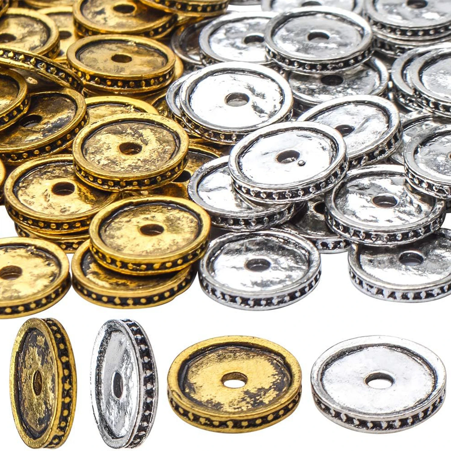 

Tibetan Spacer Beads, 100pcs 12mm Flat Rondelle Beads in Golden Silver for Bracelets Necklace Jewelry Making and Crafts DIY