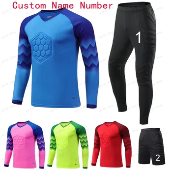 2023 Men Kid Football Goalkeeper Uniform Protective Sponge Long Sleeve Soccer Training Goalkeeper Top Soccer Jersey Pants Custom