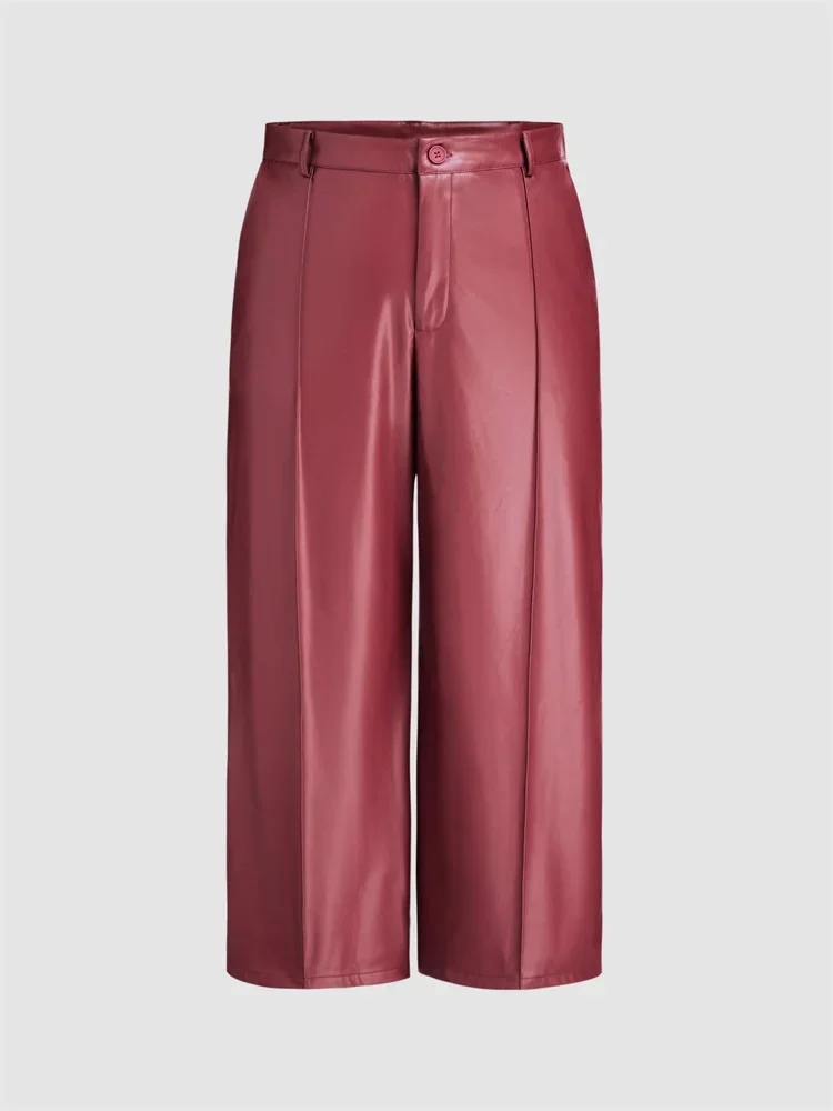 Plus Size Women High Waist PU Trousers 8XL Vintage Burgundy Wide Leg Pants 9XL Casual Faux Leather Straight Pants 6XL Custom 7XL