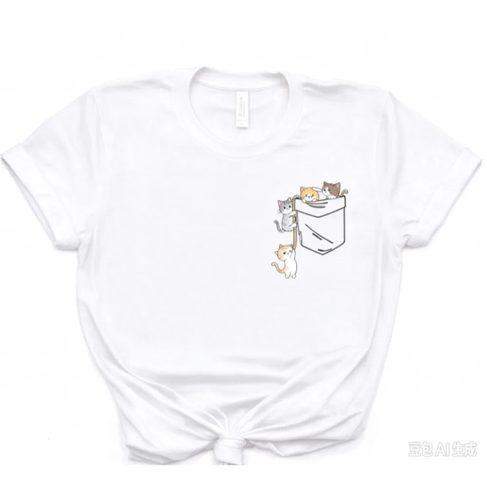 Whimsical Pocket Kittens T-shirt, Cute Cartoon Cats Climb Pocket Graphic, Soft Cotton Crew Neck Casual Tee for Women Men