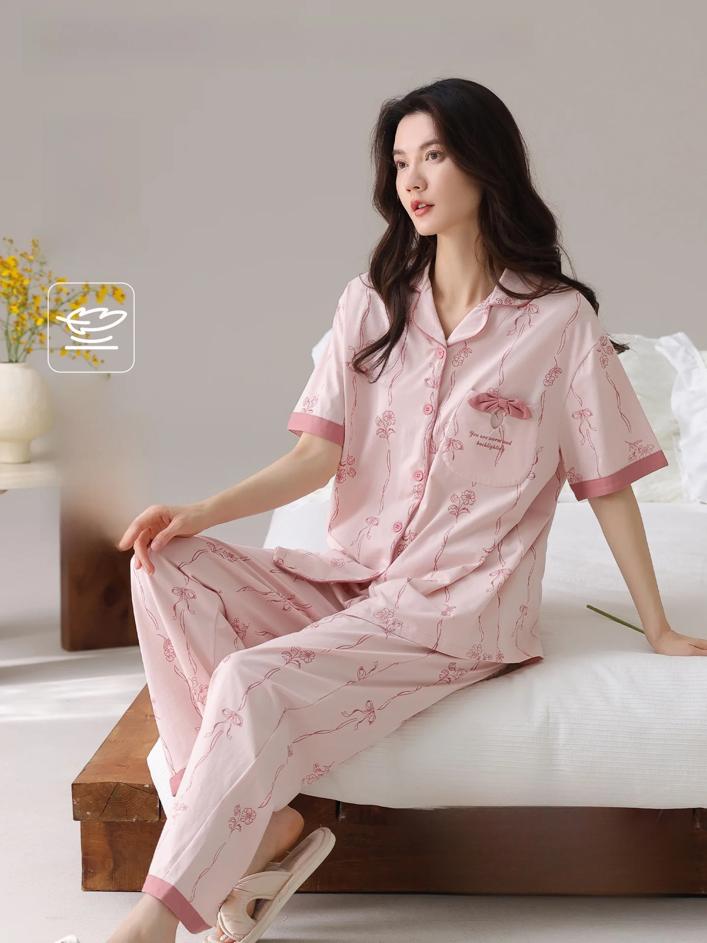 pure-cotton-summer-sleepwear-short-sleeve-long-pants-open-cardigan-thin-home-clothes-set-sweet-style-women's-home-comfortable