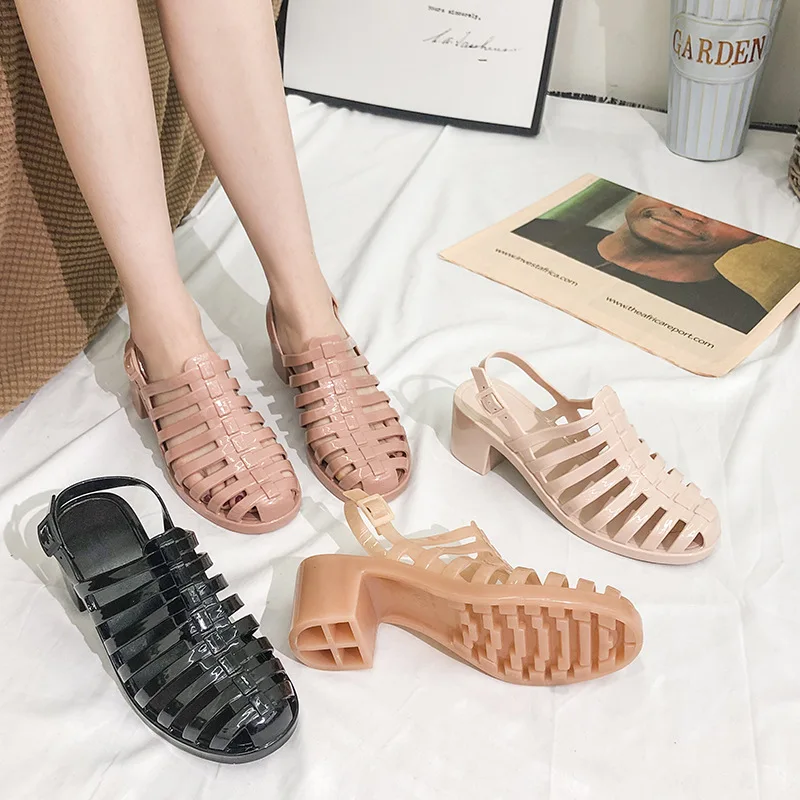 Women Transparent Sandals Summer New Plastic Beach Women Transparent Casual Toe Fashion Jelly High Heel Sandals Waterproof