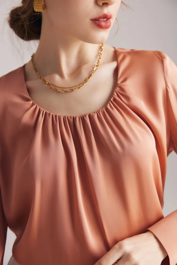 90% Silk 10% Spandex Women's Blouse O Neck Long Sleeves Ruched Elegant Fashion Quality Tops