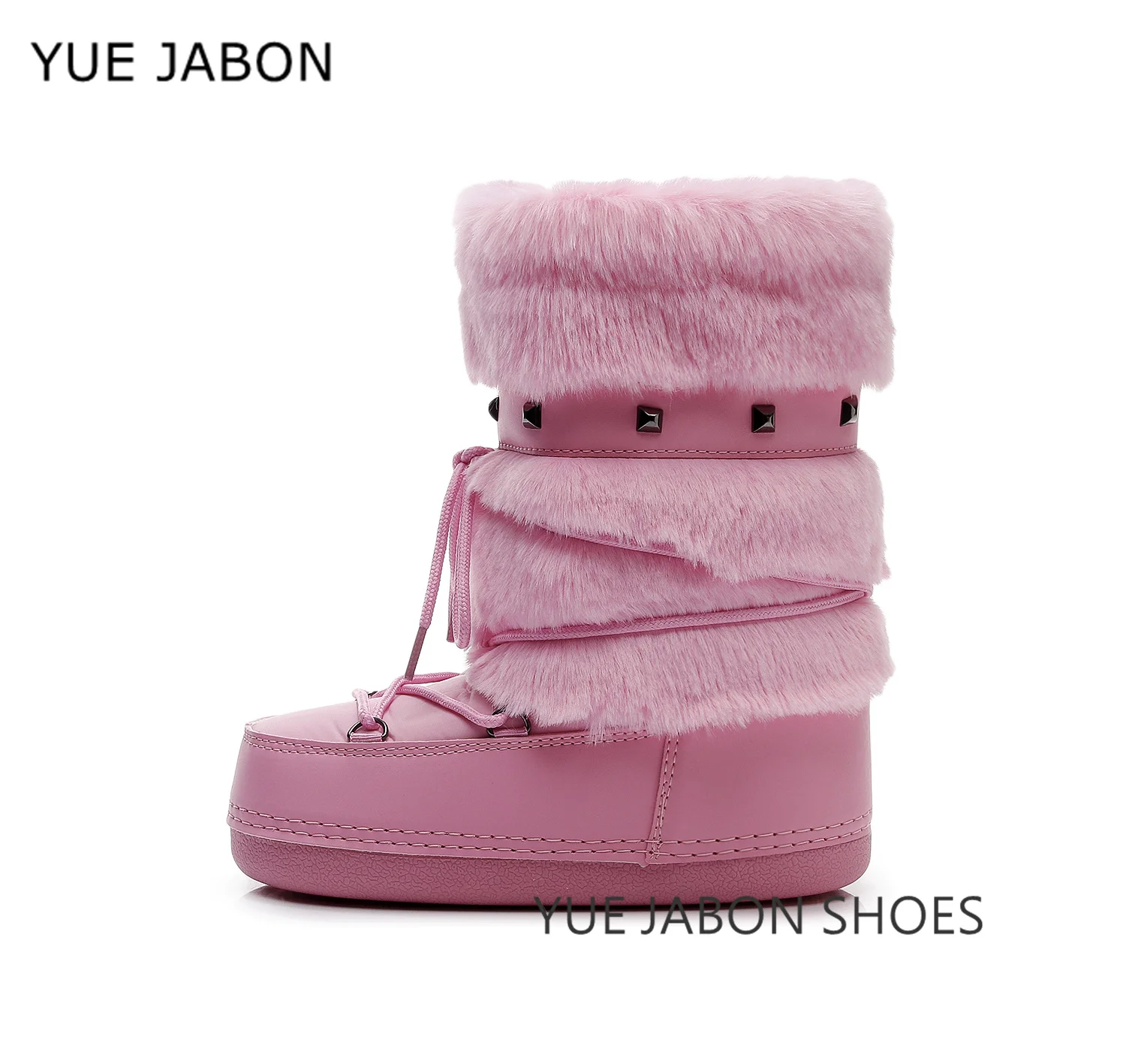 Pink Women's Furry Boots Rivet Warm Skiing Winter Shoes Women Space Boots Trendy Ladies Winter Shoes Non-slip Girls Snow Boots