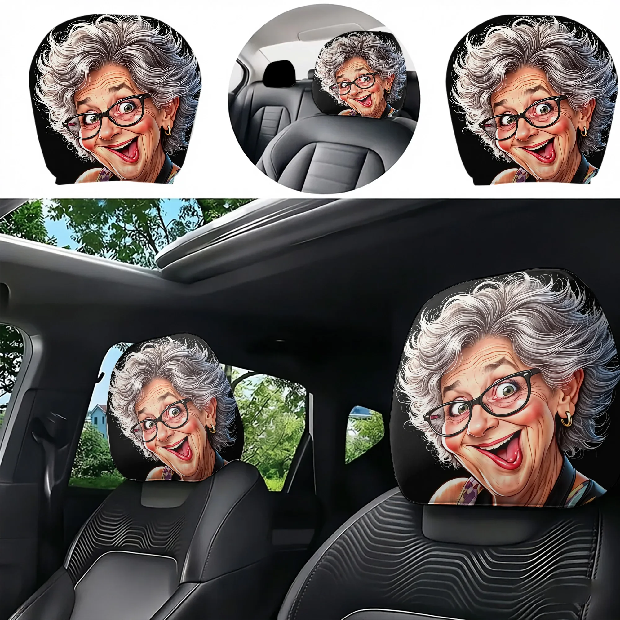 2Pcs Funny Old Lady Patterned Car Headrest Covers Add A Touch Of Playfulness To Your Car Interior Does Not Include Filling