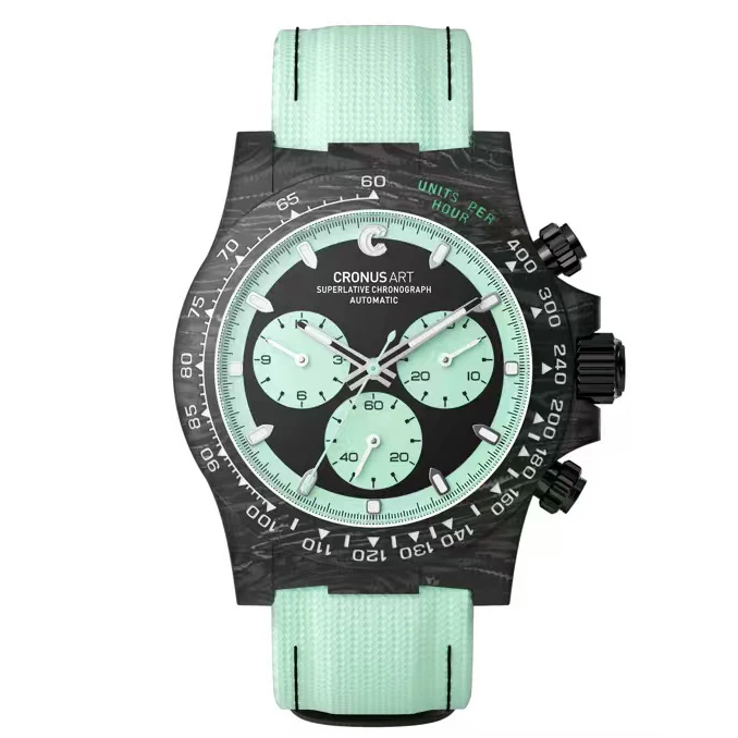 CRONUSART Men Chronograph Watch Automatic Mechanical Wristwatch Carbon Fiber Luminou Triple Small Windows Nylon Leather Strap