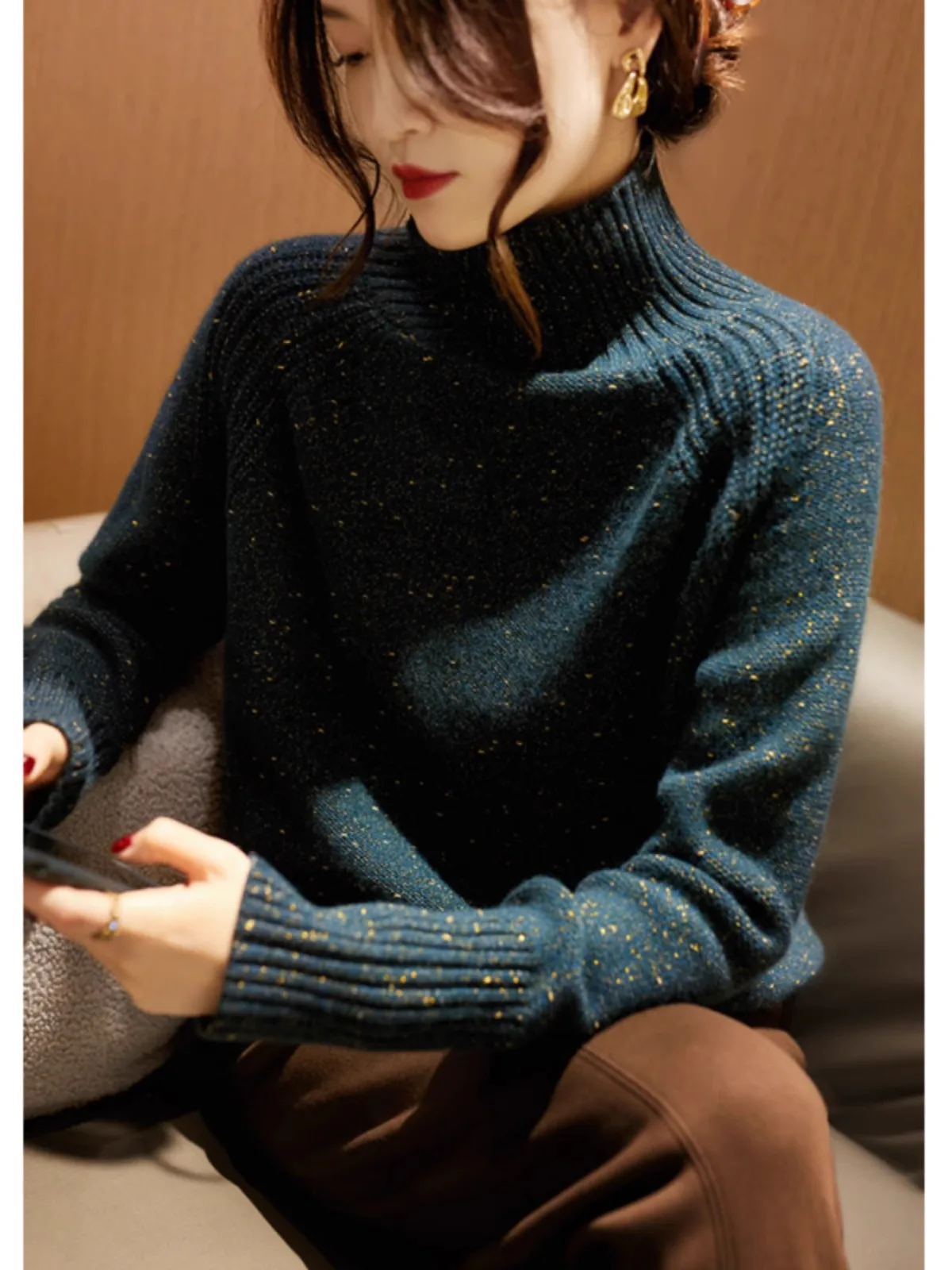 Western style! Gold pea yarn turtleneck pure cashmere knitwear women\'s lazy loose thick wool base sweater