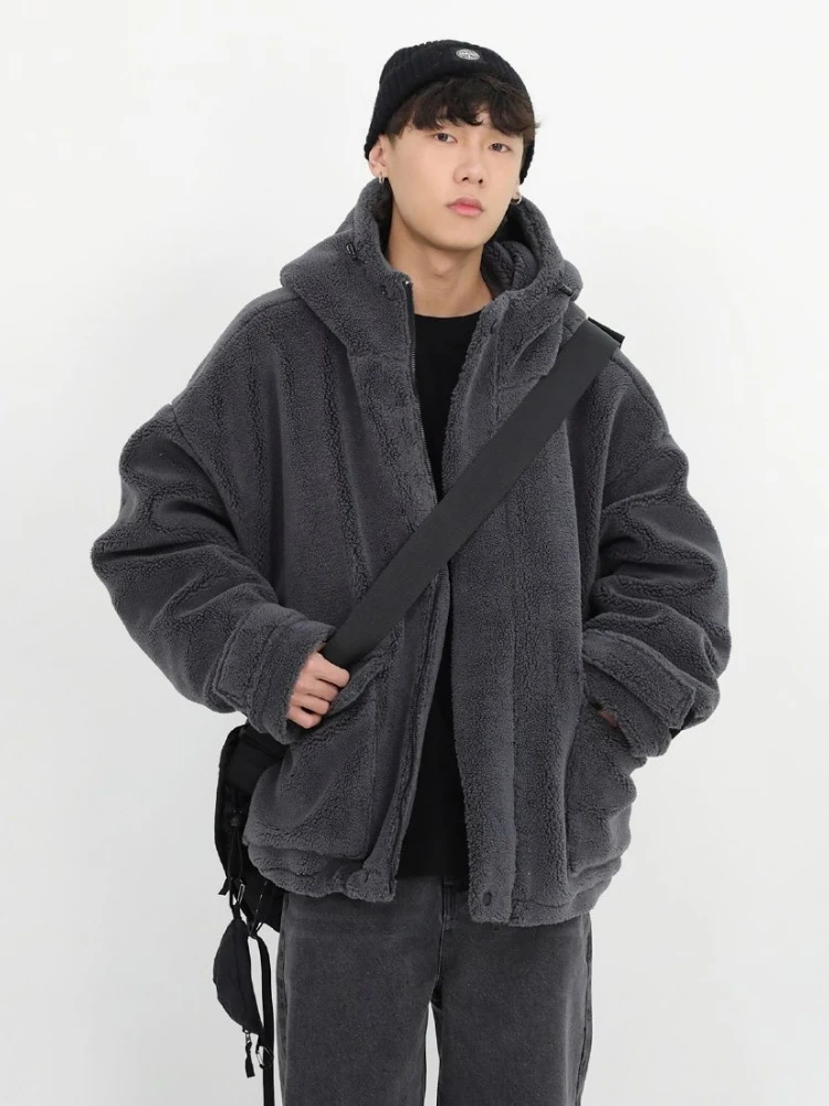 Winter 2024 Fake Fur Coat Oversize Cashmere Men\'s Zipper Up Dark Gray Coat Unisex Hip Hop Hooded Plush Padded Jacket